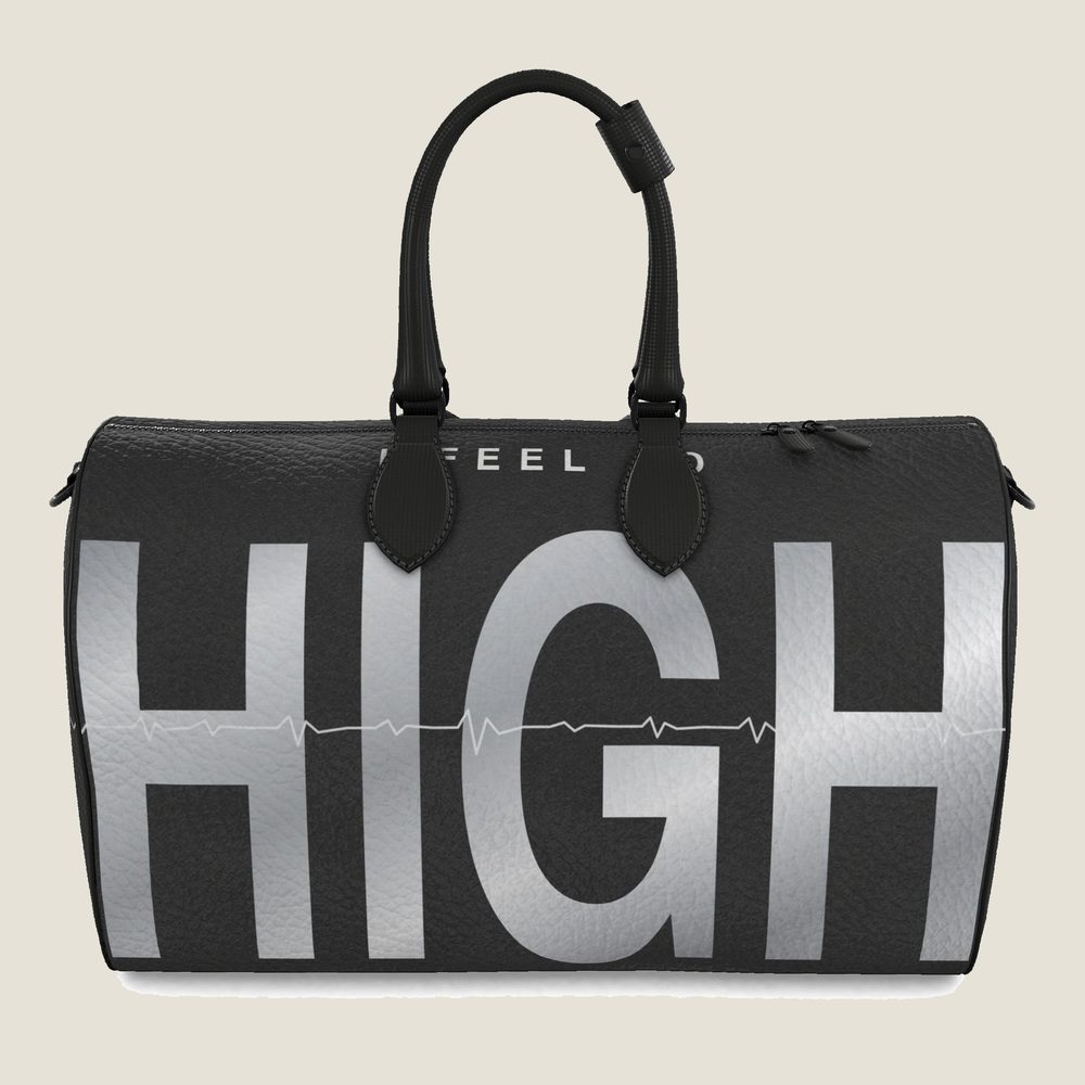 When I&rsquo;m Low duffle in black Nappa leather, I FEEL SO HIGH across the side