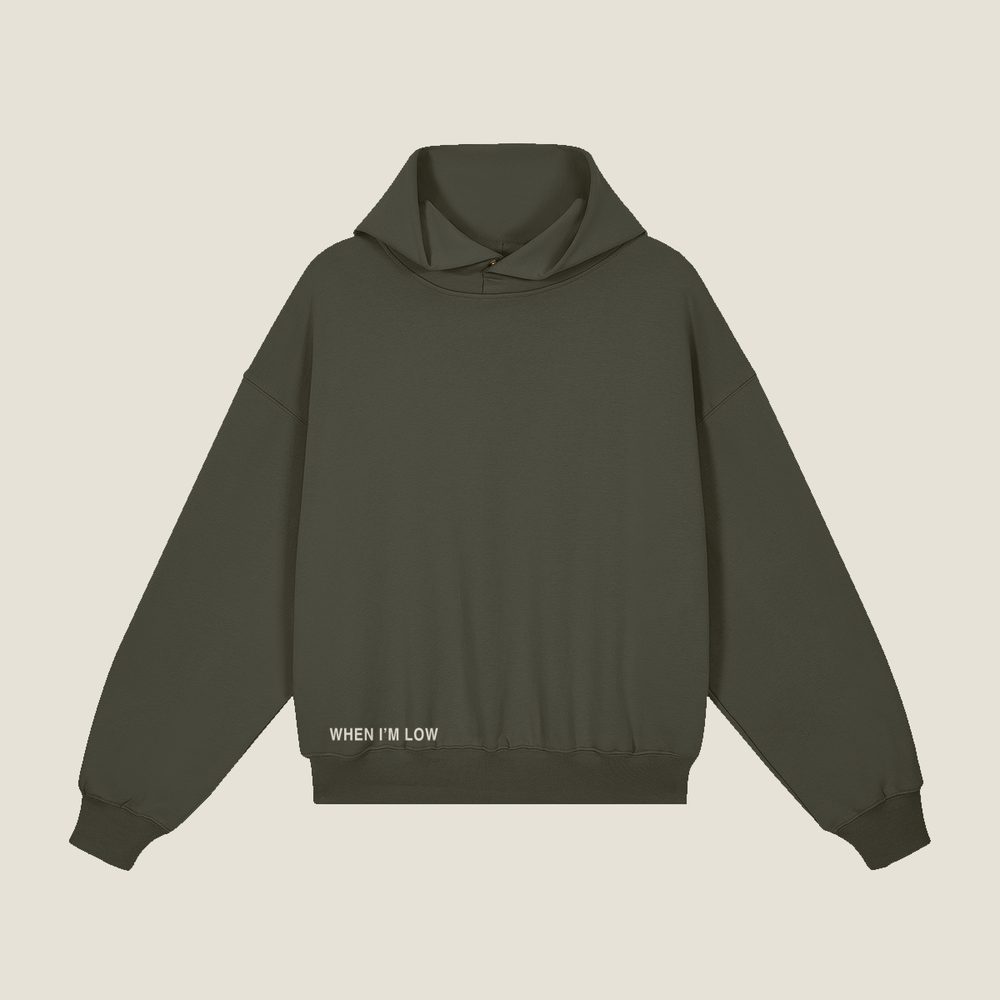 When I&rsquo;m Low hoodie in Charcoal Gray, front &mdash; WHEN I AM LOW at the hem